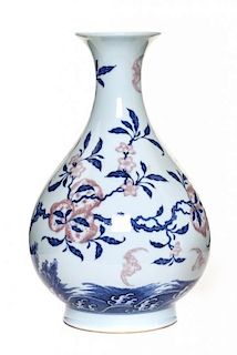 A Blue and White and Pink Porcelain Vase Height 11 inches.