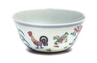 A Doucai Porcelain Chicken Cup Height 1 1/2 x diameter 3 1/4 inches.