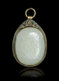 A Jade Inset Enameled Metal Pendant Height 2 1/2 inches.