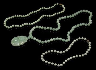 Three Jadeite Beaded Necklaces Length of longest 16 1/2 inches.