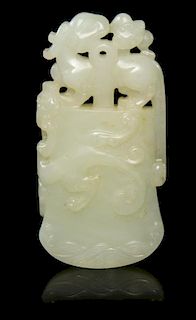 A Pierce Carved Jade Axe-Form Plaque Height 3 inches.