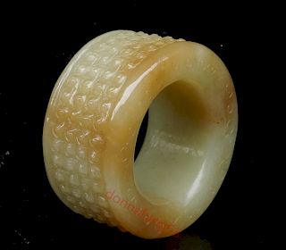 OLD Chinese Yellow Jade Tumb Ring with Carvings