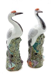 * A Pair of Chinese Export Polychrome Enamel Cranes Height 15 1/2 inches.