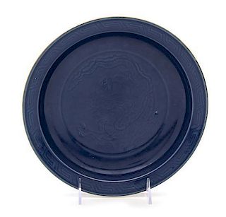 A Monochrome Blue Glazed Porcelain Plate Diameter 9 1/2 inches.