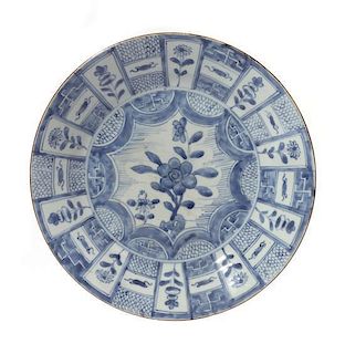 A Kraak Blue and White Porcelain Charger Diameter 14 1/2 inches.