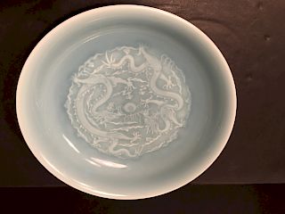 FINE Chinede Monochrome light Grey Dragon Plate, Qianlong mark