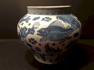 ANTIQUE Chinese Blue and White Jar with Fish and lotus
