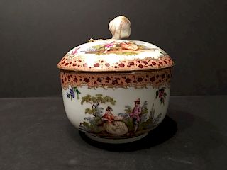 ANTIQUE MEISSEN Flower and Figurine Covered Bowl, marked