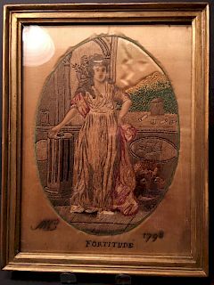ANTIQUE Embroidery in Frame, "MC Fortitude, 1798", 18th Century