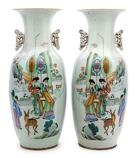 A Pair of Polychrome Porcelain Twin-Handled Vases Height 22 1/2 inches.
