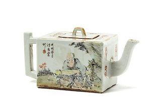A Qianjiang Enameled Porcelain Tea Pot Height over handle 3 5/8 inches.
