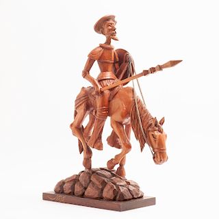 Don Quijote ecuestre con lanza. Siglo XX. Talla en madera. Firmado Nava.