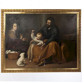 Sagrada Familia con ave. Siglo XX. Óleo sobre tela Inspirada en la obra de Bartolomé Esteban Murillo. Enmarcado en madera dorada.