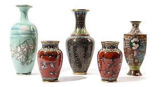 Five Japanese Cloisonne Vases Height of tallest 9 1/2 inches.