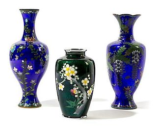 Three Japanese Cloisonne Vases Height of tallest 7 5/8 inches.