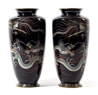 A Pair of Japanese Cloisonne Vases Height of pair 9 1/2 inches.
