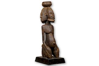 Large Kneeling 4-Faced Dogon Figure with Base from Mali - 43"