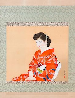 A Bijin Scroll Painting Height 18 1/4 x width 21 5/8 inches.