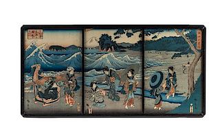 * Utagawa Hiroshige, (1797-1858), Geishas in Riverscape Scene (2 triptych)