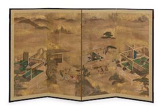 A Japanese Four-Fold Screen Height 42 1/8 x width 72 1/2 inches.