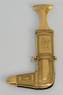 14 karat gold handled knife in gold and wood scabbard, probably Mideastern