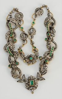 18 karat gold and silver heavy link necklace set with rose cut diamond and round emeralds, center link has emerald cut emerald 4.2 x...