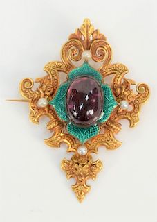 18 karat gold brooch, set with cabochon cut amethyst surrounded by green enameling and four pearls 1 5/8" x 2 1/4". 
20.6 grams tota...