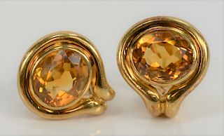 Pair of Cartier 18 karat gold and citrine earrings, pierced style with clips.