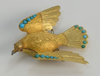 14 karat gold flying bird brooch, set with turquoise beads (beak repaired).
