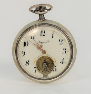 Breguet pocket watch with mother of pearl back and open escapement. 
52 mm