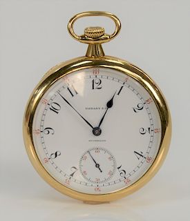Patek Philippe 18 karat gold open face pocket watch, made for Tiffany & Co., monogrammed. 
47 mm