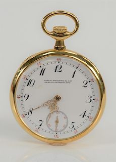 Patek Philippe 18 karat open face pocket watch, made for Tilden Thurber Co., Prov. R.I., monogrammed. 
44 mm
