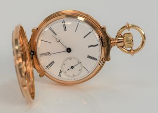 18 karat gold closed face pocket watch, signed on works: Agassith. 
42 mm