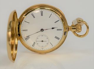 18 karat gold pocket watch, closed face, case marked: Patek Philippe, in Patek Philippe box, monogrammed. 
49 mm