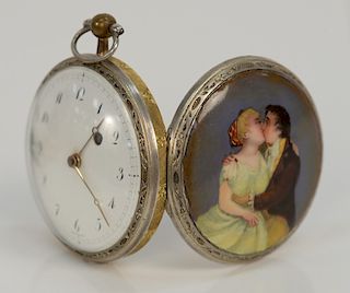 Breguet silver gilt erotic large pocket watch, 
white enameled dial marked: Breguet, gilt gold center section and back having large ...