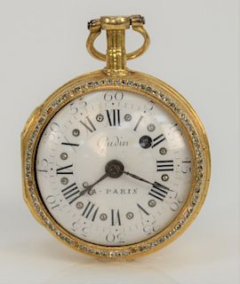 French Gudin 18 karat gold open face watch, 
having white enameled dial with Roman numerals and outer numbers, pierced balance cock ...