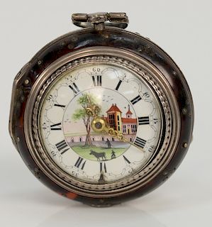 Tarts silver repousse cased pocket watch, 
having white enameled face with painted castle and landscape, chipped enamel, repousse si...