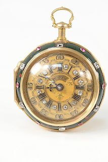 Paul Dupin Bloodstone gold, diamond, pocket watch, 
pair case having bloodstone bowl with rubies and diamonds mounted around clock e...