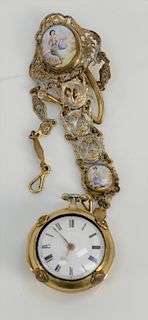Rich Templer pair case pocket watch, 
having 10 karat gold case mounted with porcelain plaque, touch marks on interior white enamele...