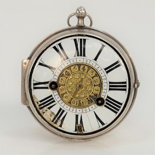 Claude Raillard silver alarm watch, 
gilt verge movement, three arm openwork balance cock, case pierced and engraved with erotic sce...