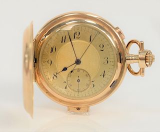 Rival 14 karat gold pocket watch repeater and chronograph, 
gold face, back of case marked: Repetition A Quarts, Rival, 28 Rubis Chr...