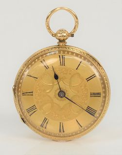 Fletcher 18 karat gold open face pocket watch, 
having gold face Arabic Roman numerals, marked: J. Fletcher & Son London 15802. 
41 mm