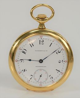 18 karat gold Patek Philippe pocket watch, made and marked on dial Tiffany & Co., eighteen jewels, back cover monogrammed. 
46.5 mm