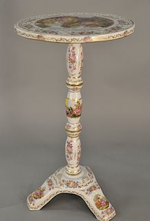 Sevres porcelain stand having round porcelain top on porcelain shaft and base painted with panels and flowers