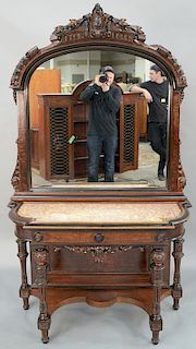 Victorian walnut and burl walnut hall mirror in two parts,  carved top over table base with inset marble on carved and turned legs, ...