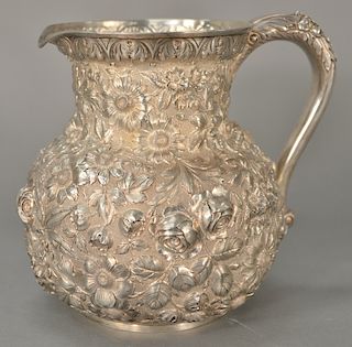 Jenkins & Jenkins Inc. makers Baltimore sterling silver repousse water pitcher, 
with flower and foliate motif, monogrammed on botto...