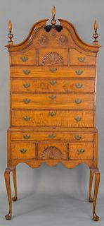 Eldred Wheeler tiger maple highboy in two parts, Queen Anne style with full bonnet top. 
height 86 inches, width 37 inches, depth 19...