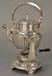 Gorham sterling silver hot water pot on stand with replaced burner with tea strainer, seller T. Kirkpatrick, N.Y. 
height 12 1/4 inc...