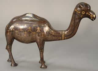 Persian gold inlaid camel,  standing on all four legs and head upright, inlaid garlands and bands