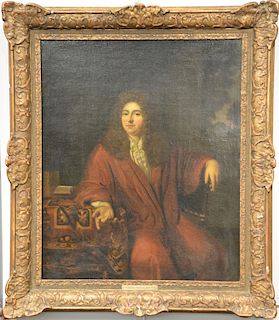 Attributed to Caspar Netscher (1639-1684), 
oil on canvas, 
Sir William Temple (1628-1699) 3/4 length portrait, 
seated gentleman, r...